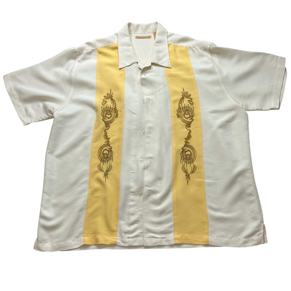 Havanera Co Mens XXL White Yellow Embroidered Camp Shirt Rayon Blend Bongo Logo